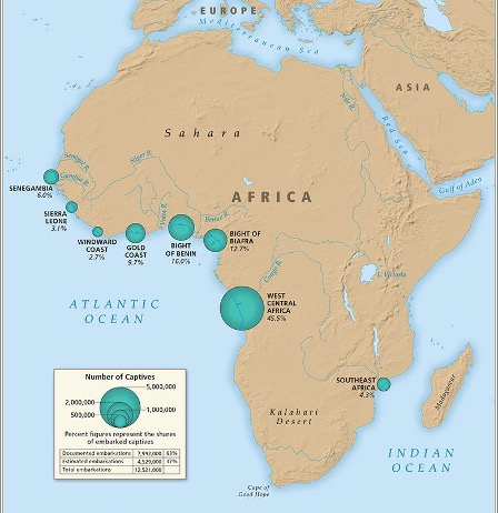 Map of Africa showing where captives were taken from with numerical data